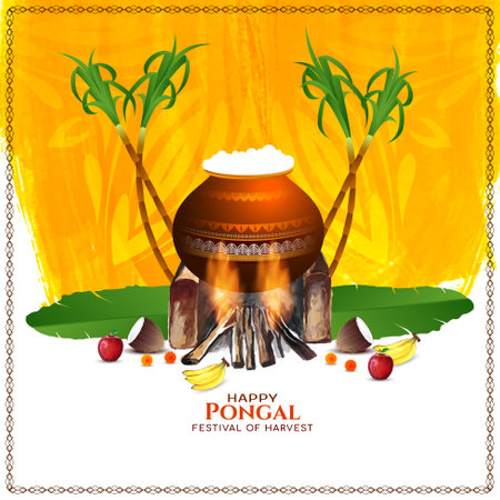 Happy Pongal cultural Indian festival celebration card design vectorのイラスト素材