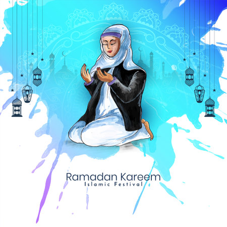 Ramadan Kareem festival card with muslim female offering namaz to allah vectorのイラスト素材