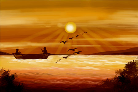 Elegant beautiful sunset scene background vectorのイラスト素材