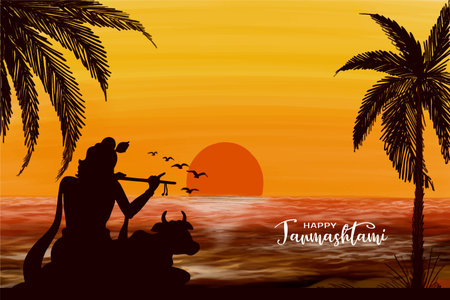 Happy Janmashtami card with lord Krishna playing flute vectorのイラスト素材