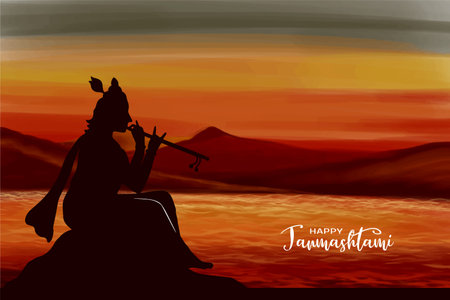 Happy Janmashtami card with lord Krishna playing flute vectorのイラスト素材