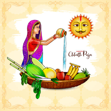 Beautiful Happy Chhath puja Indian cultural festival background vectorのイラスト素材