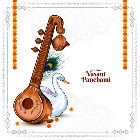 Religious Happy Vasant Panchami Indian festival background with Veena illustration vectorのイラスト素材