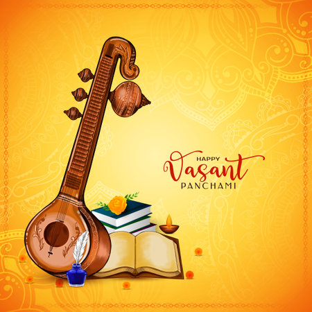 Happy Vasant Panchami Indian festival greeting card with veena vectorのイラスト素材
