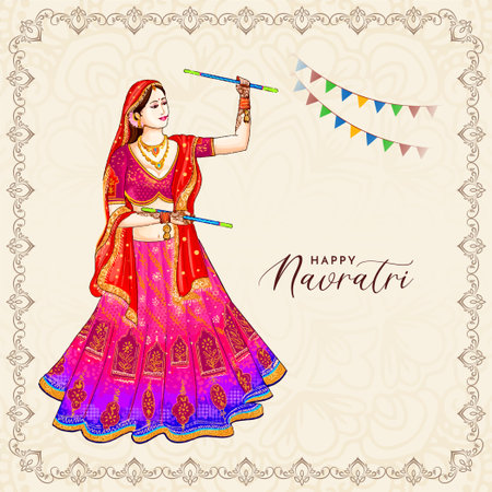 Happy navratri dandiya garba night cultural card with beautiful dancing lady vectorのイラスト素材