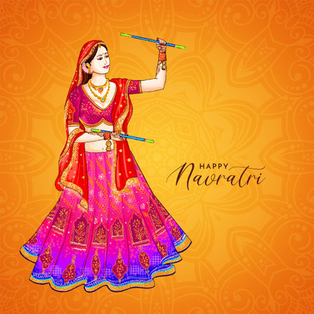 Happy navratri dandiya garba night cultural card with beautiful dancing lady vectorのイラスト素材