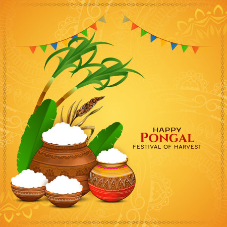 Happy Pongal Indian festival artistic yellow background vectorのイラスト素材