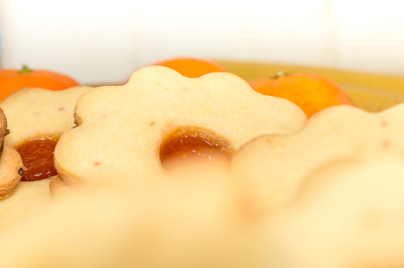 Homemade apricot jam Linzer with fruits close up.の写真素材