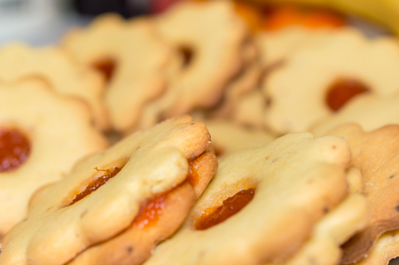 Homemade apricot jam Linzer with fruits close up.の写真素材
