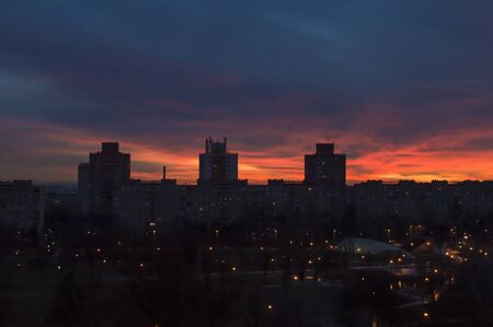 Communal buildings with large park in the sunset.の写真素材