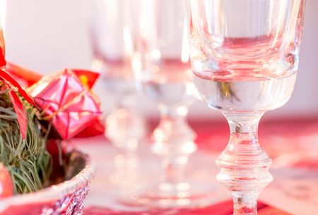 Empty champagne glasses on tableの写真素材