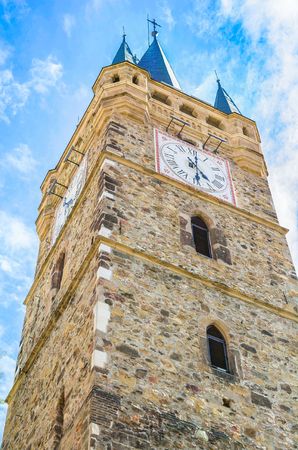 Old church tower with clock, abstract view - Romania Transylvaniaの写真素材