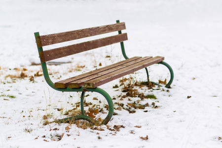 Empty wooden bench in the park at winterの写真素材