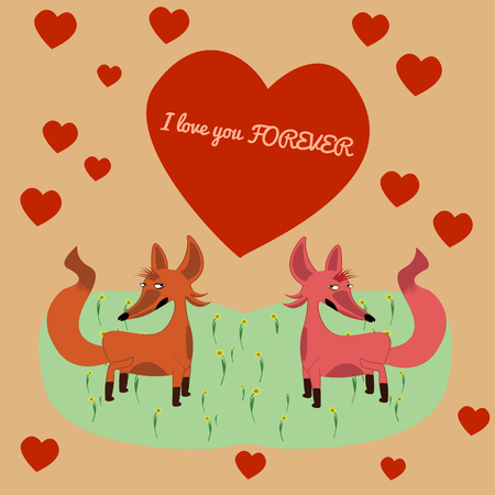 Cute lover couple fox on grass and flower. Valentine's day concept.のイラスト素材