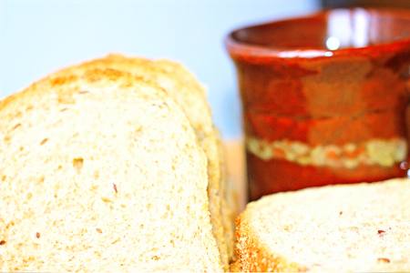 Appetizing tasty glass DrinkGlassful milk breakfast RollBun Loaf Cake light wallpaperの写真素材