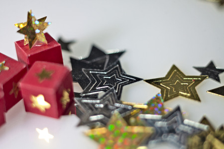 Christmas background. With presents, decorations and tinsel.