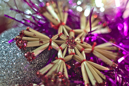 Christmas background. With presents, decorations and tinsel.の写真素材