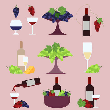 A set of wine bottles combined with grapes and cheese. Vector set for banners of thematic sites, posters, icons, for printing on dishes or clothes.のイラスト素材
