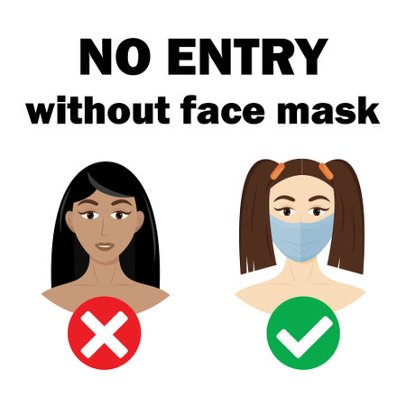 Girls, icon, no entry without face mask. Vector illustrations.のイラスト素材