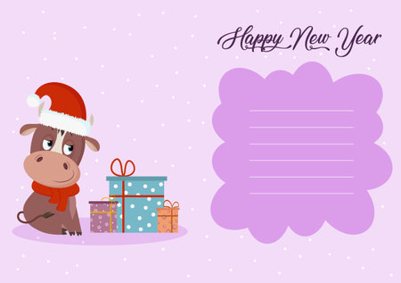 Design of a new year's card with the image of a cute bull. Vector graphics.のイラスト素材