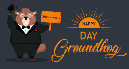 Happy Groundhog Day. Banner with the image of a funny elegant groundhog with a suit.のイラスト素材