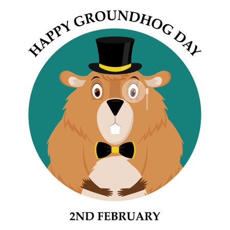 Happy Groundhog Day. Vector illustration of a funny groundhog. A postcard with a cute groundhog and text.のイラスト素材