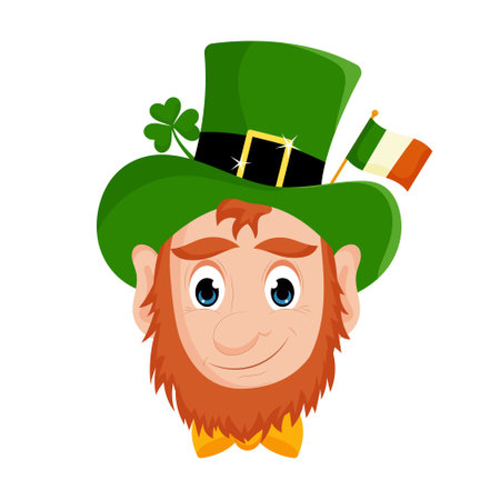 A cute cartoon leprechaun in a green hat with the flag of Ireland and a shamrock, an illustration for St. Patrick's Day. Vector illustration isolated on a white background.のイラスト素材