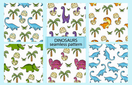 Dinosaurs. Set of colorful seamless patterns for decorating a children's room, fabric or textiles. Vector cartoon style.のイラスト素材