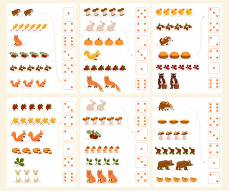 Worksheet for teaching mathematics and numeracy on the topic of autumn. For preschool children and kindergarten children who study numbers and counting. Vector illustrationのイラスト素材