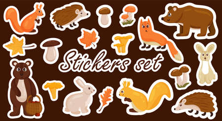 Set of stickers of autumn elements, animals, mushrooms, bright colorful autumn leaves. Vector cartoon style. Isolated on a white background.のイラスト素材