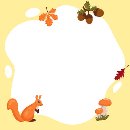 Squirrel. Vector frame in the form of a spot with elements of autumn, in a flat cartoon style. Template for children's photos, postcards, invitations.のイラスト素材