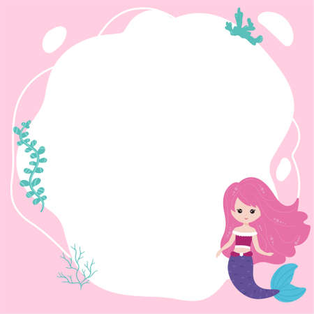 Little mermaids. Vector frame in the form of a spot in a flat cartoon style. Template for children's photos, postcards, invitations.のイラスト素材