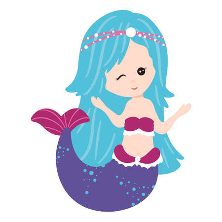 Cute mermaid with long hair. Vector illustration for children's books, postcards, invitations. Isolated white background, cartoon style.のイラスト素材