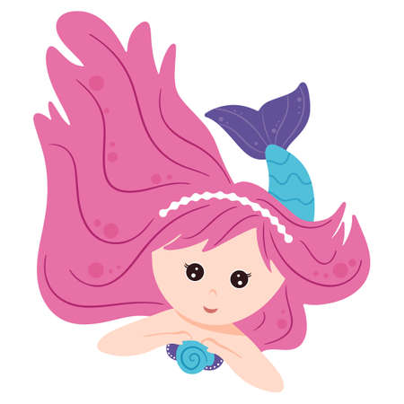 Cute mermaid with long hair. Vector illustration for children's books, postcards, invitations. Isolated white background, cartoon style.のイラスト素材