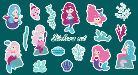 Little mermaids and elements of the underwater world. Set of stickers. Vector cartoon style.のイラスト素材