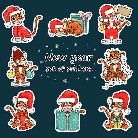 Set of Christmas stickers with the image of tiger. The symbol of the Chinese New Year. Merry Christmas and Happy New Year. Vector illustration in cartoon styleのイラスト素材