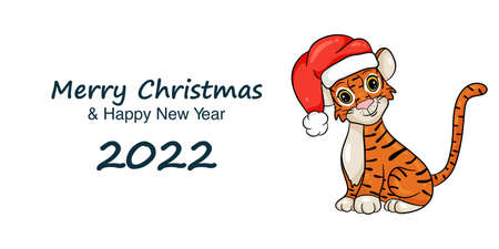 New Year's banner with the image of tiger in red Santa Claus hat. The symbol of the Chinese New Year. Merry Christmas and Happy New Year. Vector illustration cartoon styleのイラスト素材