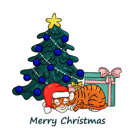 Merry Christmas and New Year greeting card. Tiger in red Santa hat sleeps under Christmas tree with gifts. Vector illustration cartoon styleのイラスト素材