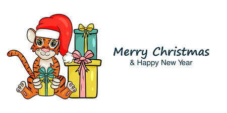 New Year's banner with the image of tiger in red Santa Claus hat and gifts is symbol of the Chinese New Year. Merry Christmas and Happy New Year. Vector illustration cartoon styleのイラスト素材