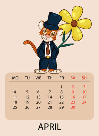 Calendar design template for April 2022, the year of the tiger according to the Chinese calendar, with an illustration of tiger with beautiful yellow flower. Table with calendar for April 2022.のイラスト素材