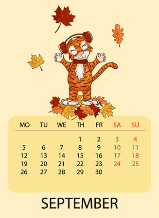 Calendar design template for September 2022, the year of the tiger according to the Chinese calendar, with the image of tiger with autumn leaves. A table with calendar for September 2022. rのイラスト素材