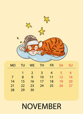 Calendar design template for November 2022, the year of the tiger according to the Chinese calendar, with the image of tiger sleeping on a cloud. Table with calendar for November 2022.のイラスト素材