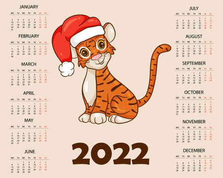 Calendar design template for 2022, the year of the tiger according to the Chinese or Eastern calendar, with an illustration of the tiger. Horizontal table with calendar for 2022. Vectorのイラスト素材