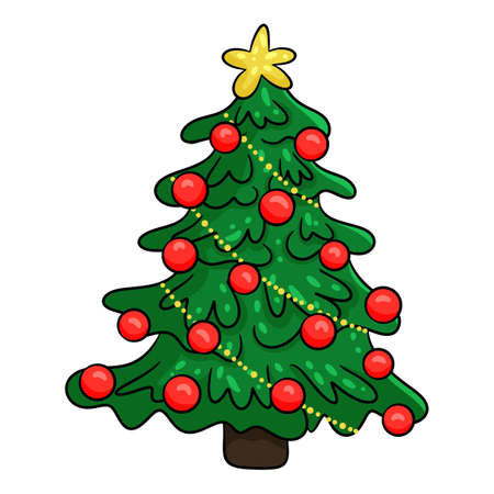 Hand-drawn Christmas tree decorated with glass balls and a garland. Isolated on white background. Vector illustration, cartoon styleのイラスト素材