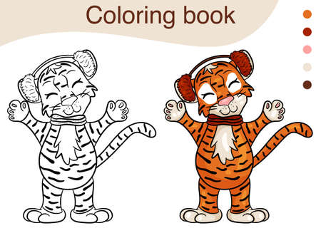 Tiger. Black and white illustration for a coloring book. The symbol of the new year according to the Chinese calendar. Vector cartoon style.のイラスト素材