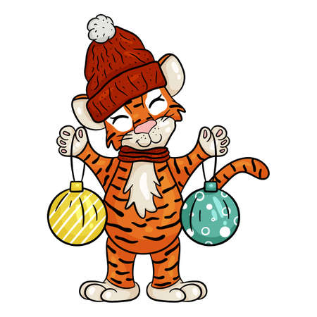 Tiger in hat with Christmas toys. Symbol of new year according to Chinese or Eastern calendar. Vector editable illustration, cartoon styleのイラスト素材