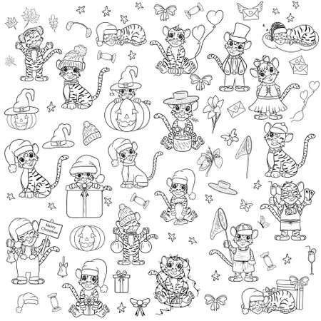 Tiger. Big set for coloring. Black and white illustration for a coloring book. The symbol of the new year according to the Chinese calendar. Vector cartoon style.のイラスト素材