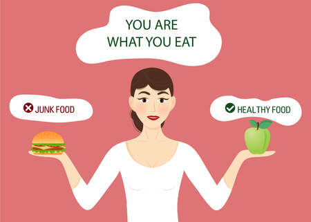 Food concept you are what you eat.Choose between healthy and junk food.Beautiful woman chooses between an apple and hamburger. Vector, cartoon styleのイラスト素材