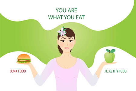 Food concept you are what you eat.Choose between healthy and junk food.Beautiful woman chooses between an apple and hamburger. Vector, cartoon styleのイラスト素材
