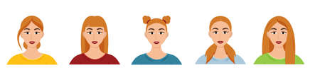 Different types of women's hairstyles. Set of beautiful young girls with different hairstyles. Vector cartoon styleのイラスト素材
